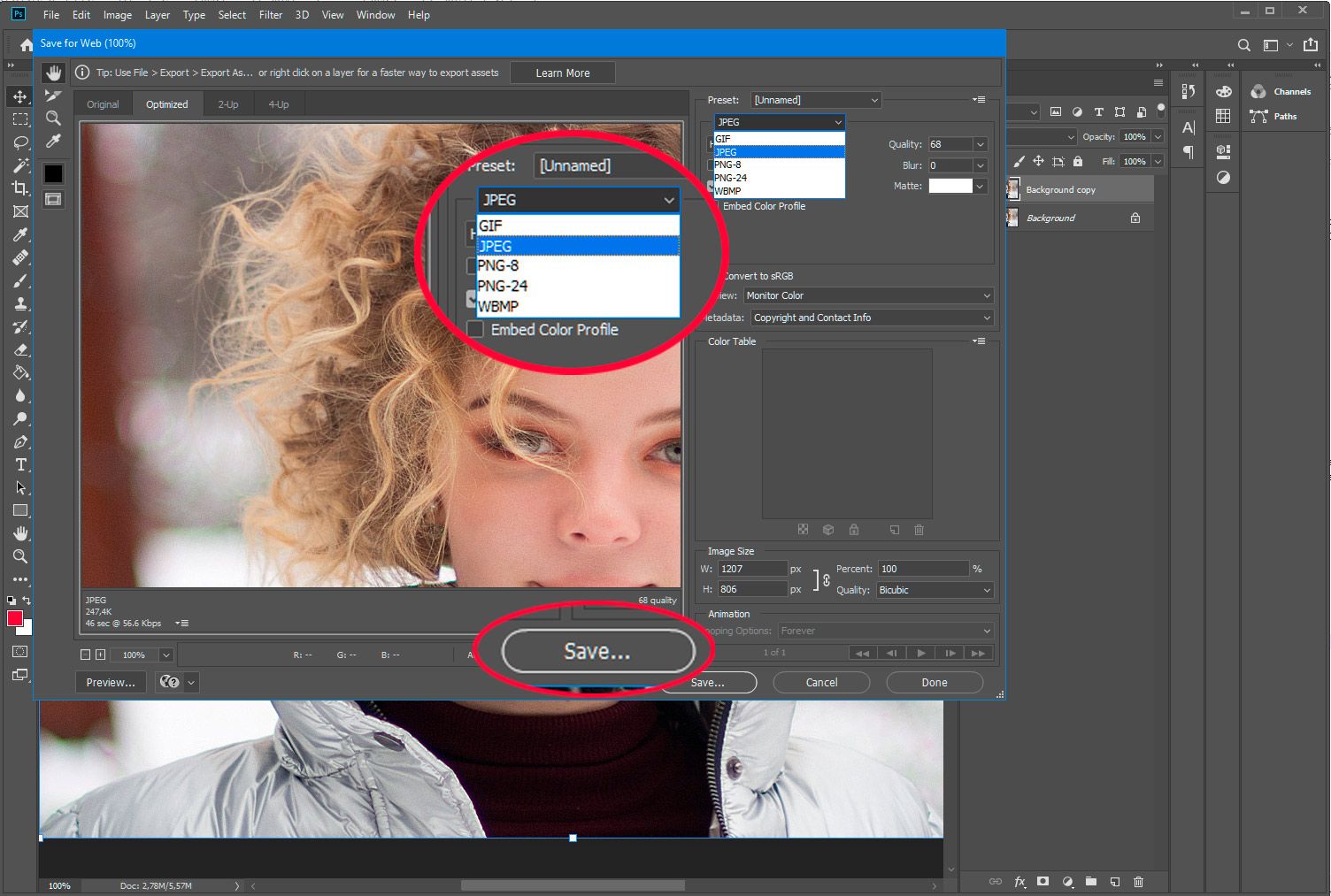 Adobe Photoshop。将 PSD 保存为 Web 中的 JPG..