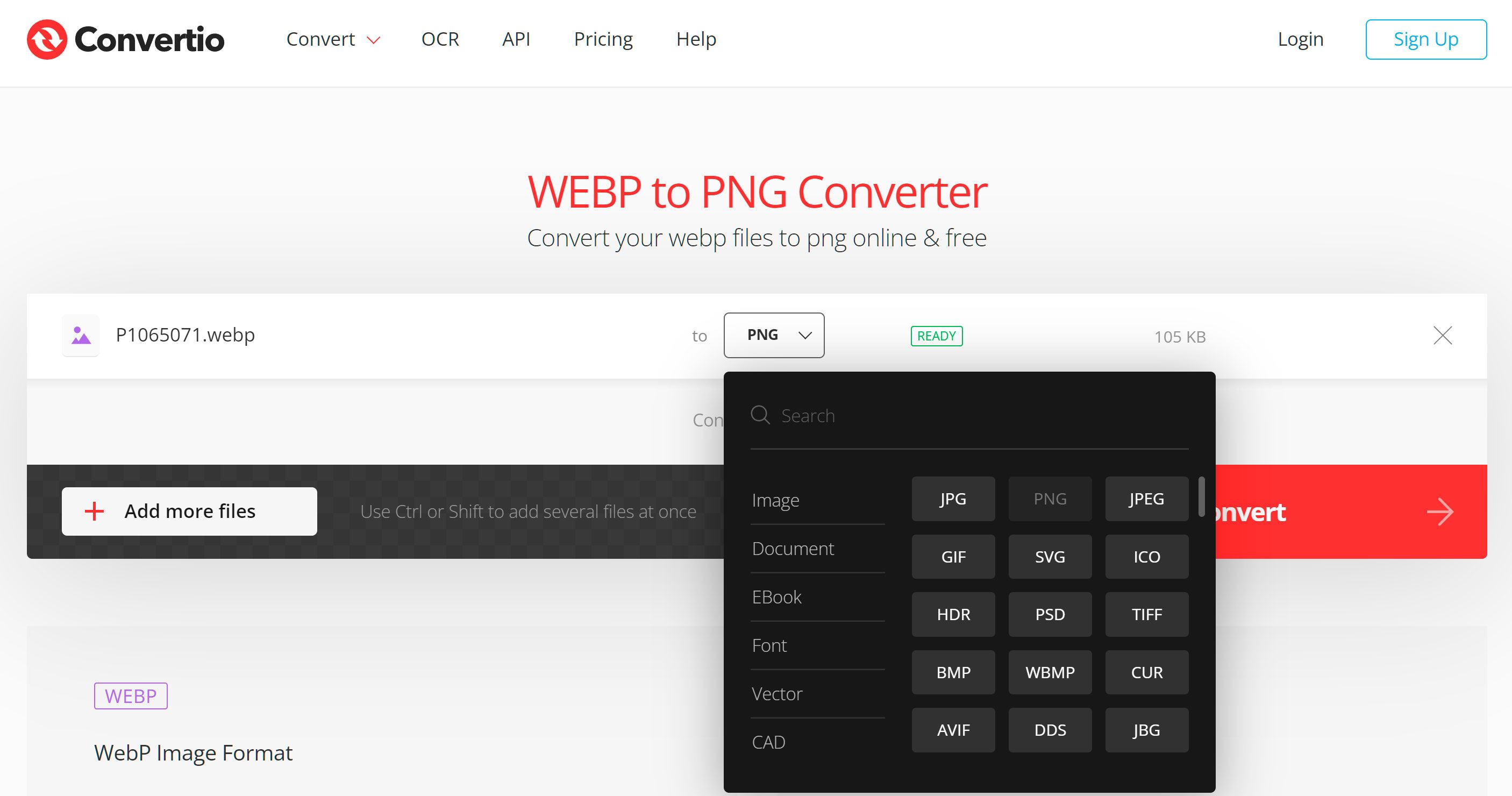 选择PNG格式以从WebP在线转换..