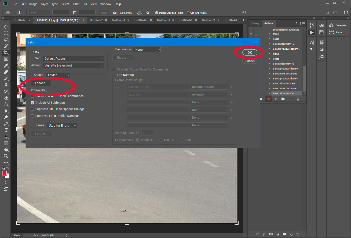 在Photoshop中启动图像调整大小动作.