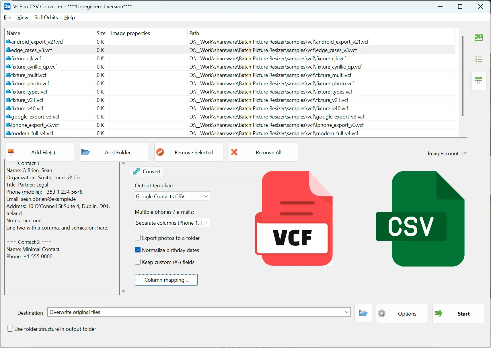 VCF to CSV Converter Software 屏幕截图.